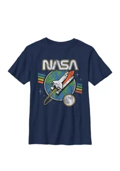 NASA Blast Off Retro Rainbow Stripes Crew Graphic T-Shirt