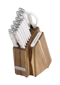 Farberware Triple Rivet White Slim Cutlery Acacia Wood Block Set with Built-In Edgekeeper® Sharpener