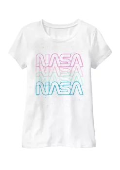 NASA Girls 7-16 Repeating Rainbow Logo Stars Retro Vintage Short Sleeve Graphic T-Shirt